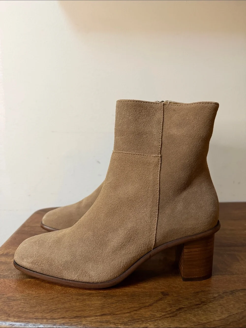Patina Suede Tan Ankle Booties with Stacked Heel 10.5